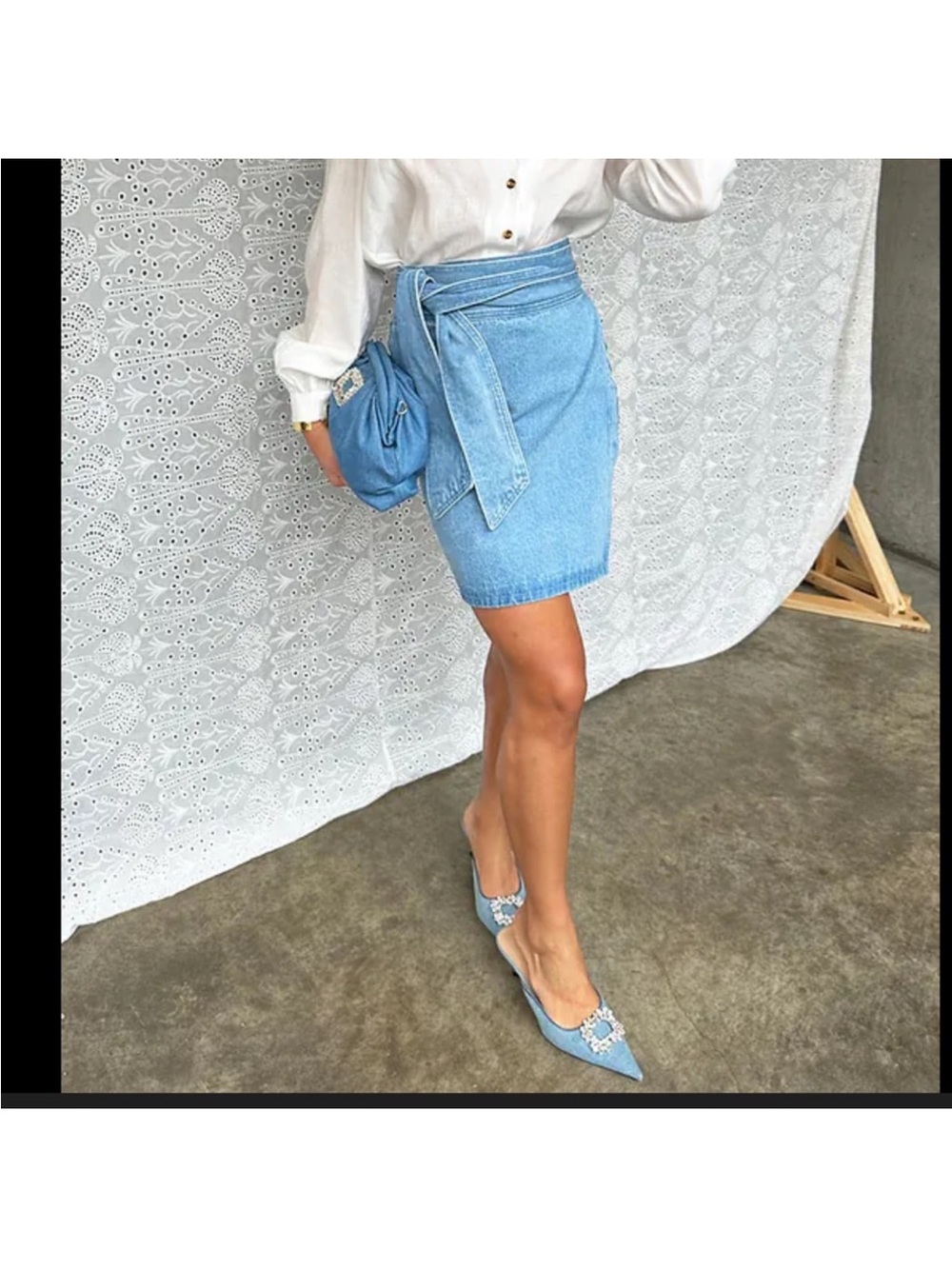 Never Fully Dressed Light Blue Denim Wrap Mini Skirt